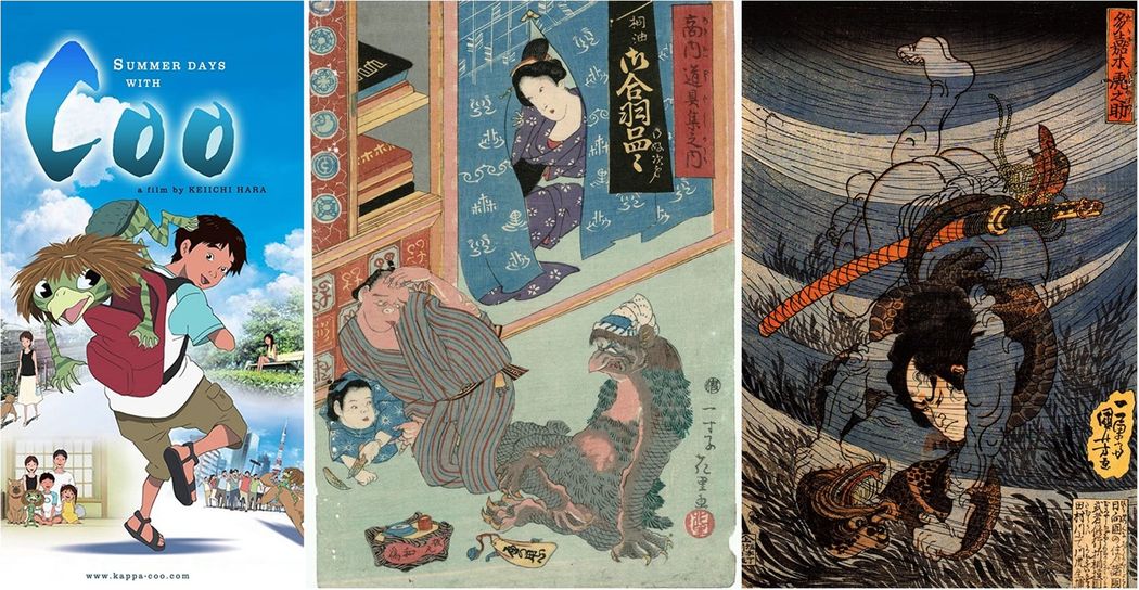 A kappa is an amphibious yōkai demon found in traditional Japanese folklore. (left:) 