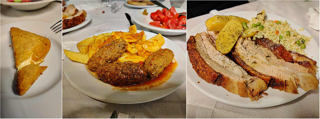 Saganaki fried cheese (left), cumin meatballs in tomato sauce (middle) and roast piglet (right).