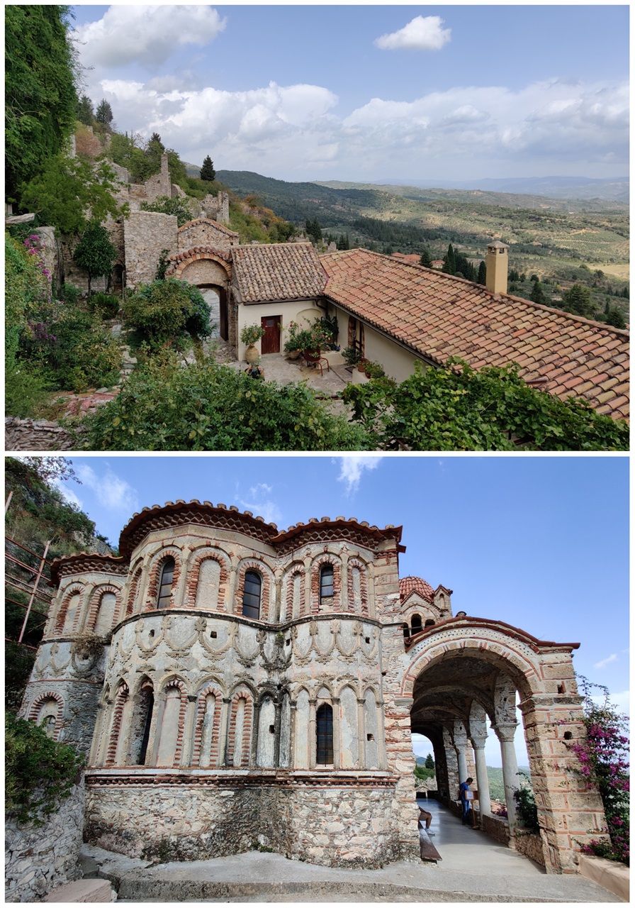 The main yard (top) and the katholikon (bottom) of the Monastery of Panagia Pantanassa.