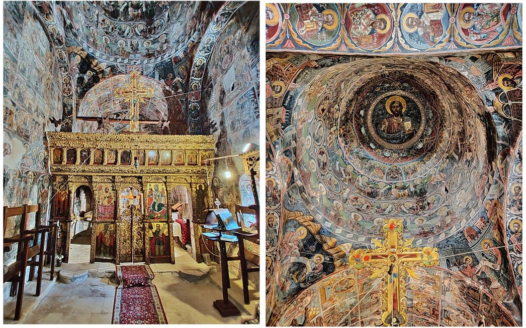 The wooden iconostasis of the katholikon of Dekoulou Monastery (left). The dome of the katholikon (right).