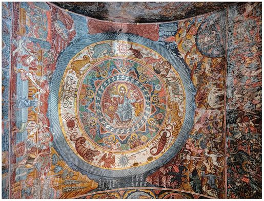 Fresco representing the zodiac circle at the katholikon of Dekoulou Monastery.
