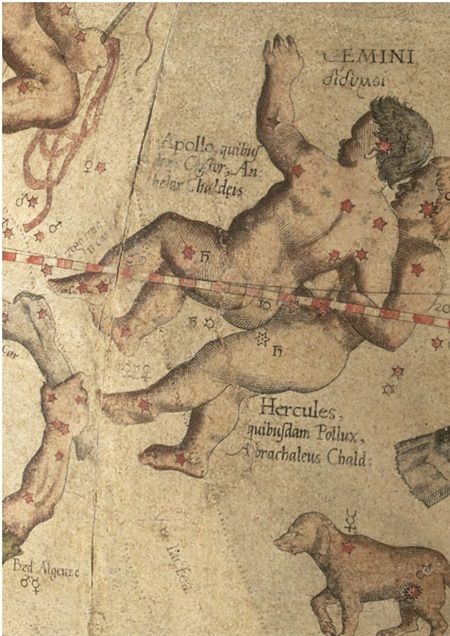 The constellation Gemini in an old sky map (top). Georges Reverdy engraving: Leda lying with Zeus-swan next to her. Two children have already been born with the third one emerging from the egg -London, British Museum (bottom).