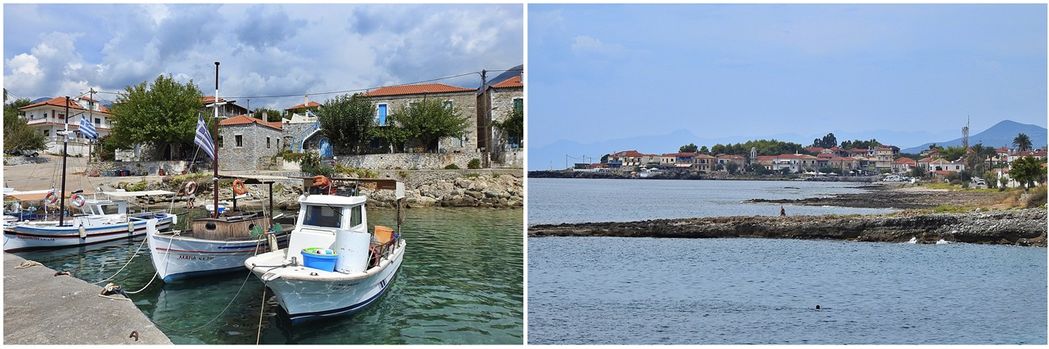 Agios Nikolaos harbor (left). The place where ancient Pefnos used to be and Agios Nikolaos village at the background (right).