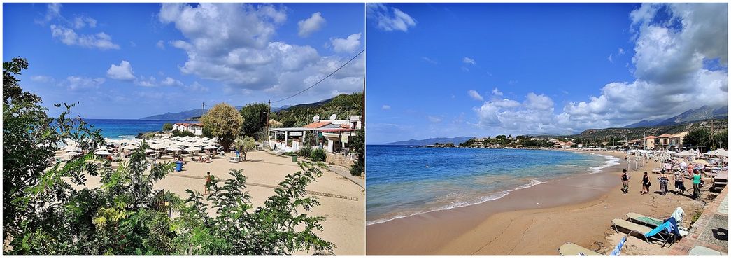 Kalogria Beach (left). Stoupa Beach (right).