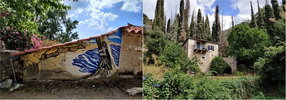 Mural dedicated to Zorba the Greek (left).  Leave your car here and walk through a privet property if you want to see the House of Elpidoforos Hioureas.
