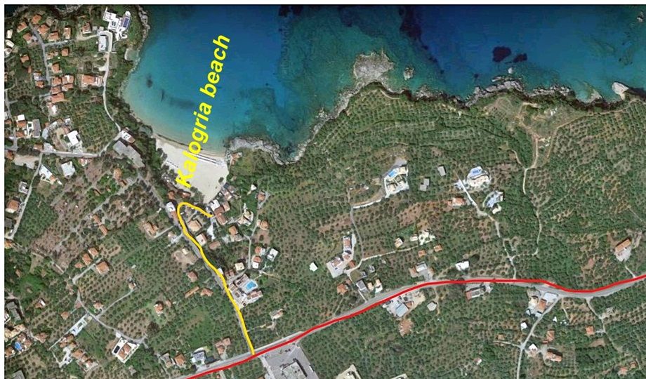 Kalogria beach (at Stoupa Village) and the location of the House of Elpidoforos Hioureas at Prastova.