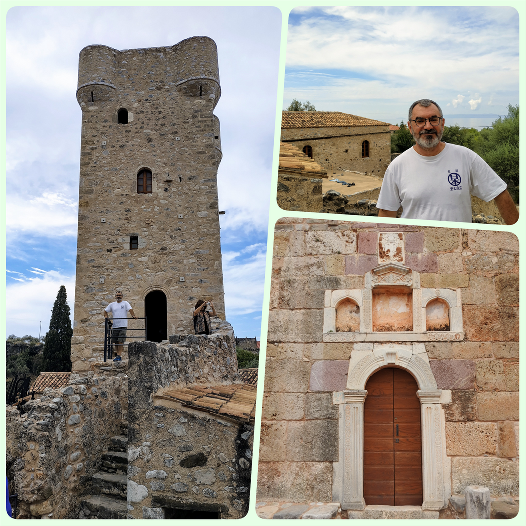 Mourtzinos Tower (left) and the entrance to the church of Agios Spyridon.