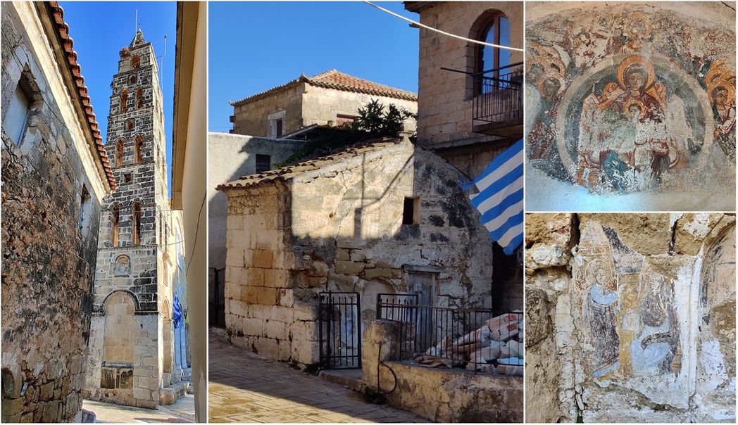 The bell-tower of the “The Presentation of the Virgin Mary” church (left).  Next to it stands the chapel dedicated to the Annunciation of Virgin Mary (middle & right).