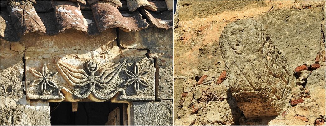 Elaborate engraved lintel of a house in Proastio (left). 