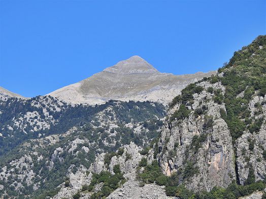The highest peak of Taygetos (Profitis Ilias - 2407m), seen from “Hotel Katafigio”.