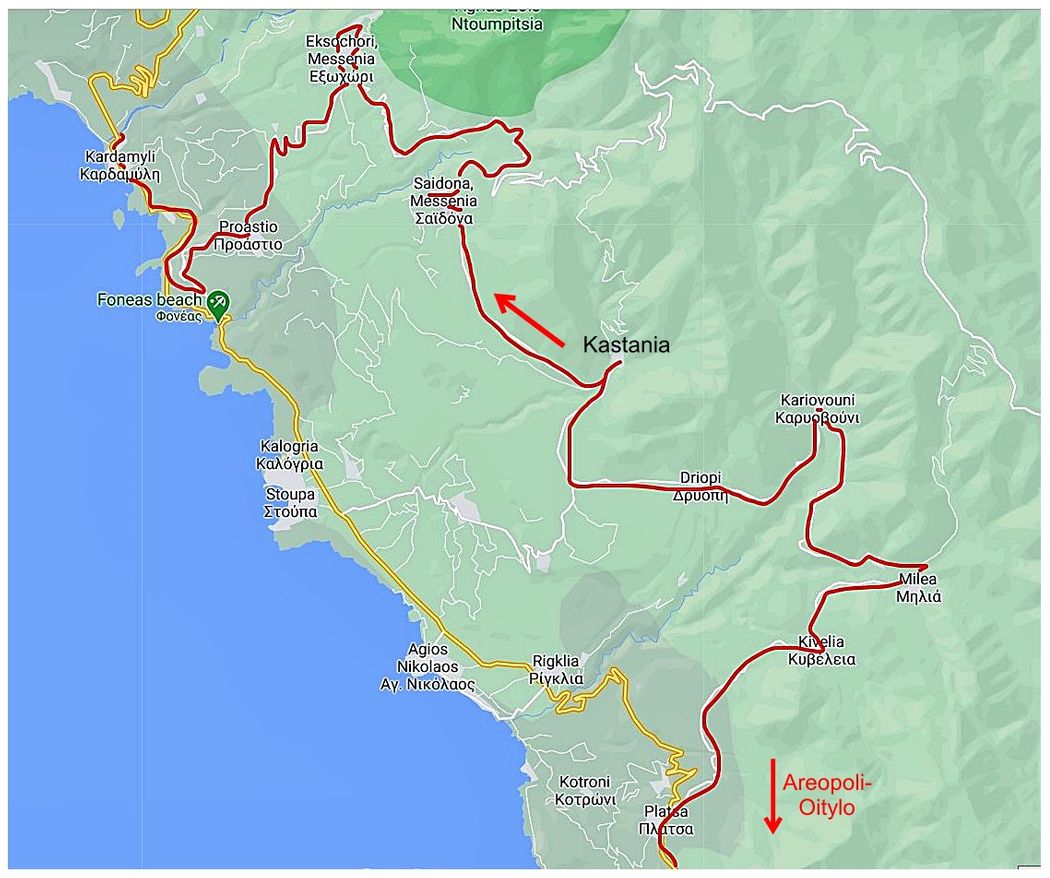 From Platsa to Kardamyli (red line) via Kastania.