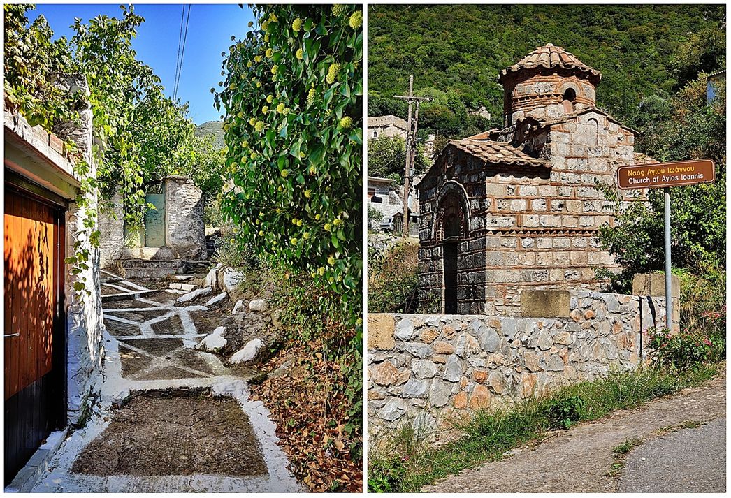 Kastania, which is named after the many chestnut trees (left) has the most churches in the area (right).