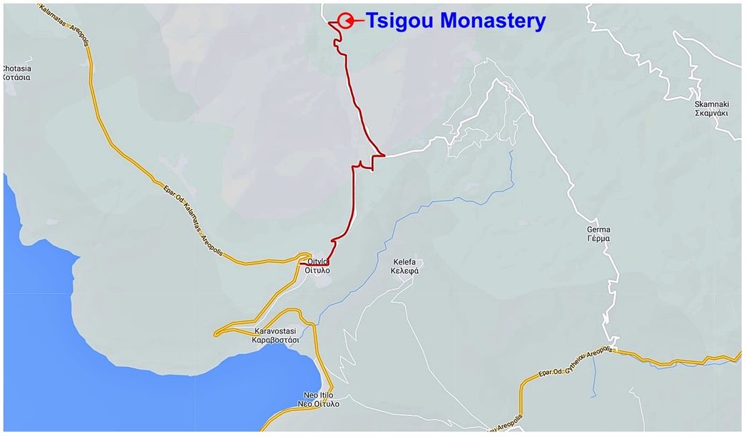 From Oitylo to Tsigou Monastery (red line).