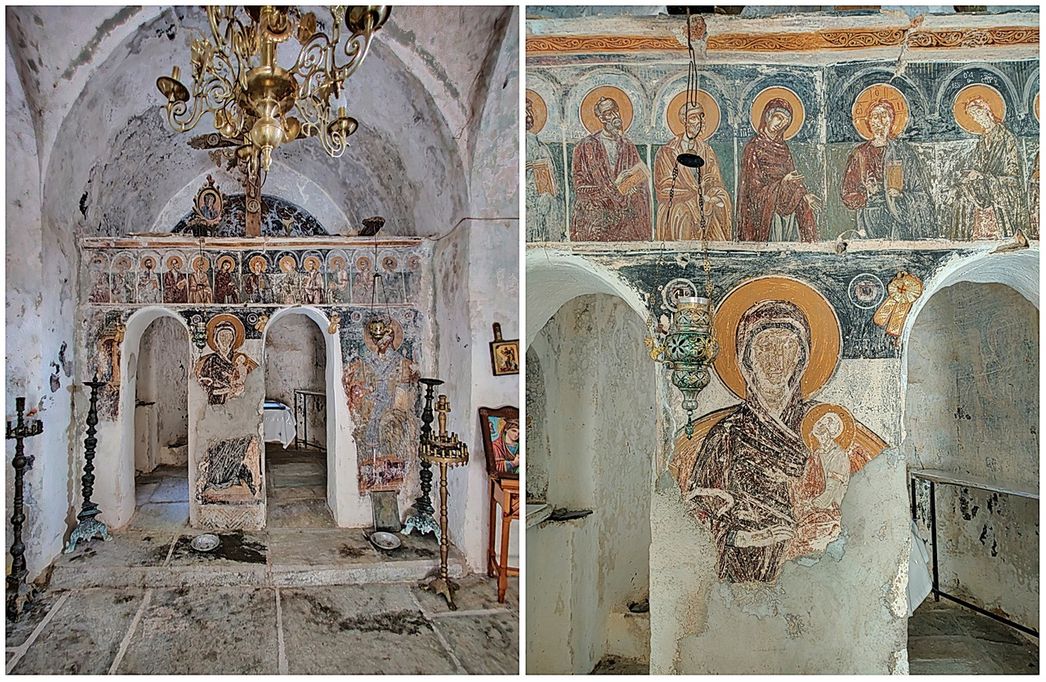 The iconostasis and its frescos of the katholikon of Tsigou Monastery.