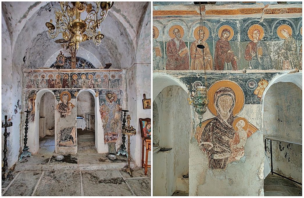 The iconostasis and its frescos of the katholikon of Tsigou Monastery.