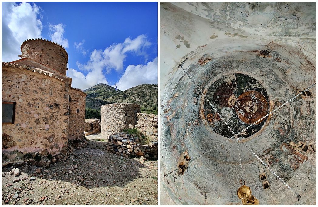 Tsigou Monastery. The round tower (goulas) opposite the katholikon (left) and the fresco of the dome (right).