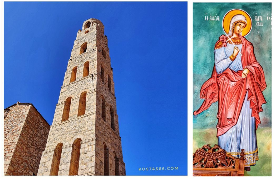The bell tower of Agioi Taxiarches and a sample of the frescoes.