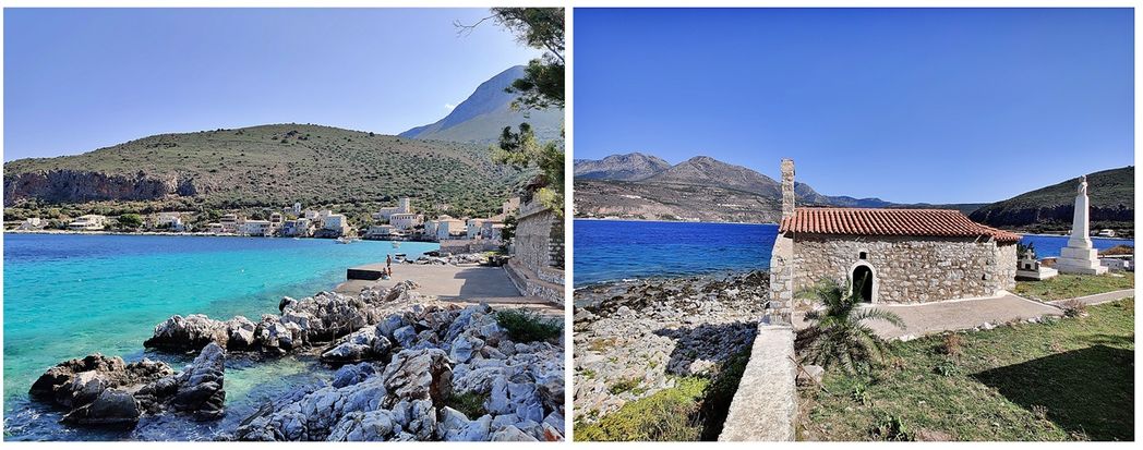 The rocky coast that leads to the Limeni graveyard has little rocky beaches (left).  At the village graveyard stands the tomb and bust of Petrobay Mavromichalis (right).