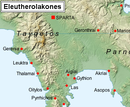 Map of the cities (red dots) which constituted The League of Free Laconians.