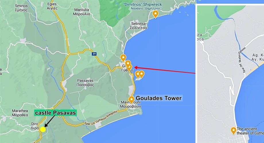 Gytheio on the map.  Places of interest.