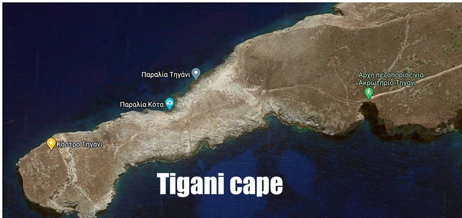 Leave the car just before arriving at Agia Kyriaki cemetery (P) and take the half-kilometer long dirt road to the edge of the cliffs (orange line).  Follow the steep path to the chapel (yellow line).