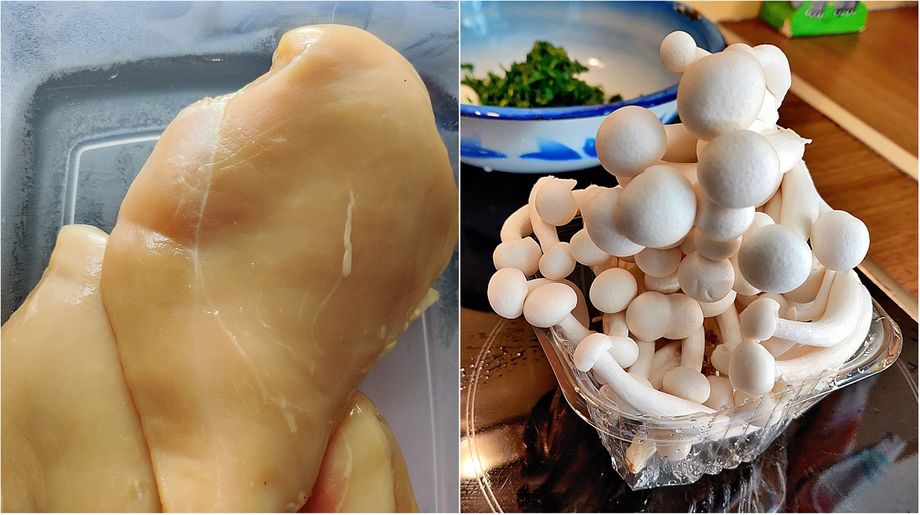 Chicken fillet and mushrooms.