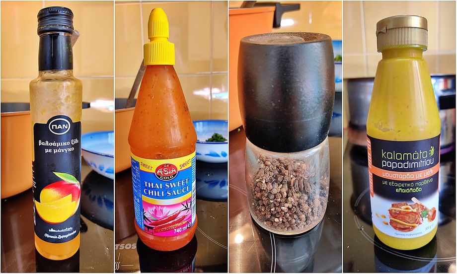 Mango balsamic vinegar, sweet chili sauce, black pepper, & mustard with honey.