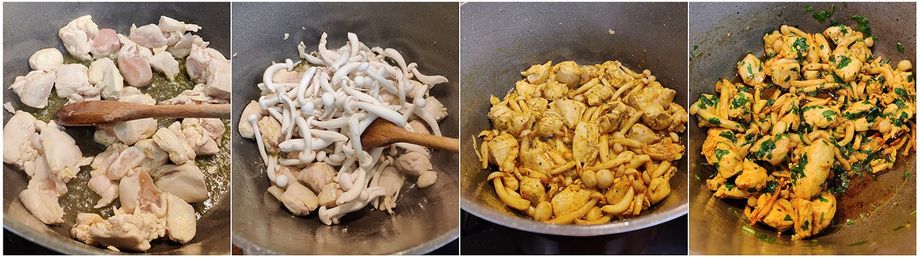 Preparation stages. (1) Chicken (2) +mushrooms (3) +turmeric (4) +the rest of the ingredients.