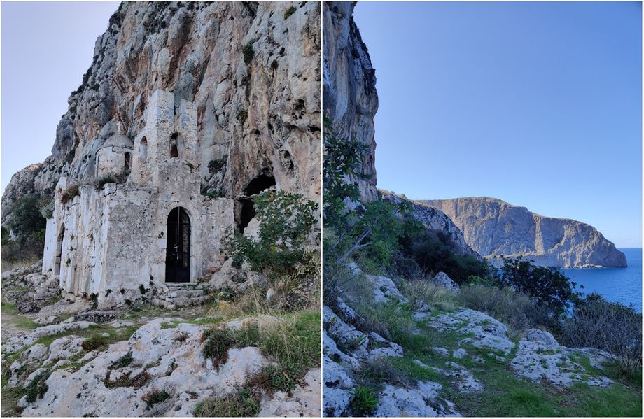 Panagia Odigitria chapel (left). The path leading to it (right).