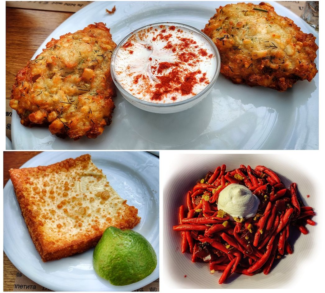 Kanoni restaurant. Try the traditional ‘Skioufikta’ pasta dish, with beetroot, fresh onion and garlic, walnuts, and yogurt cream (bottom right).