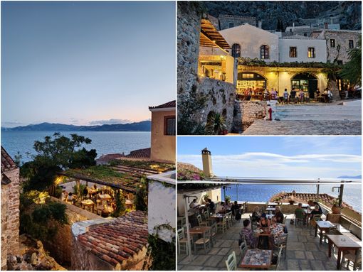 Matoula restaurant (left). Kanoni square (top right).  Most restaurants and cafes in the Lower Town have wonderful views (bottom right).