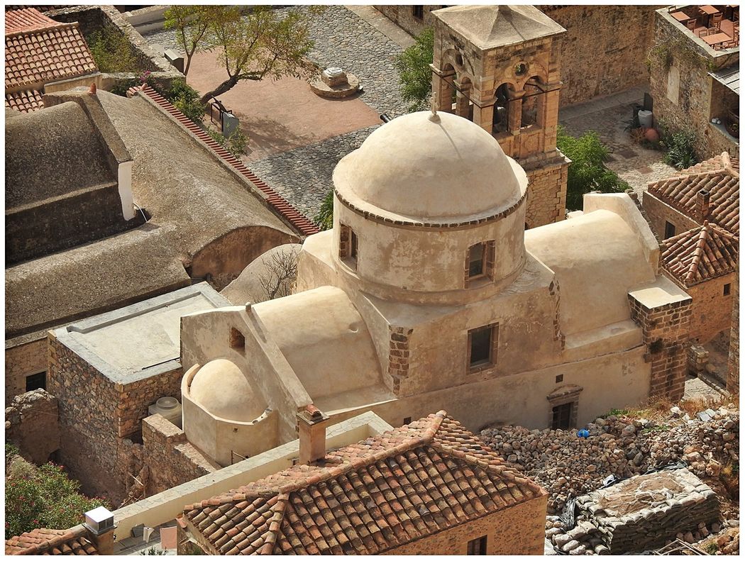 The Church of Panagia Myrtidiotissa and Kanoni square at the back.