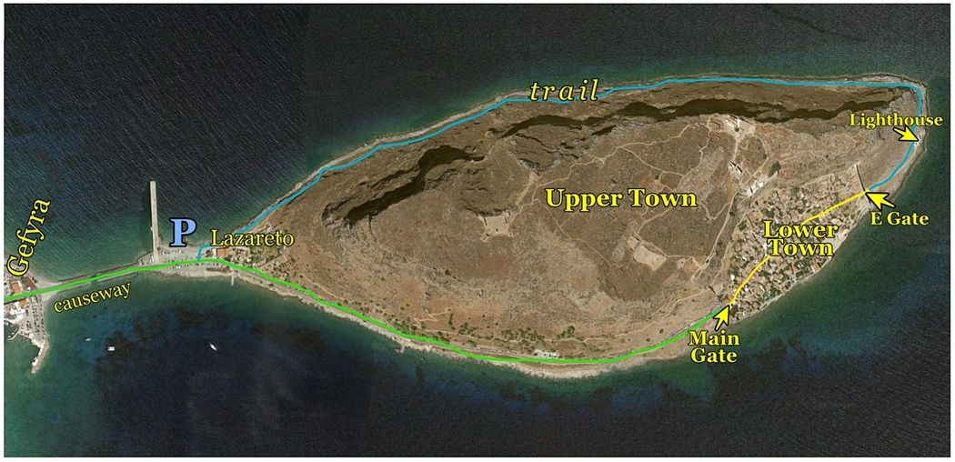 Monemvasia island on the map. The green line shows the drive from Gefyra (on the mainland) to the main Gate of the fortified town. The yellow line shows the main road of the town. The blue line shows the lighthouse trail that follows the north shore of the island.