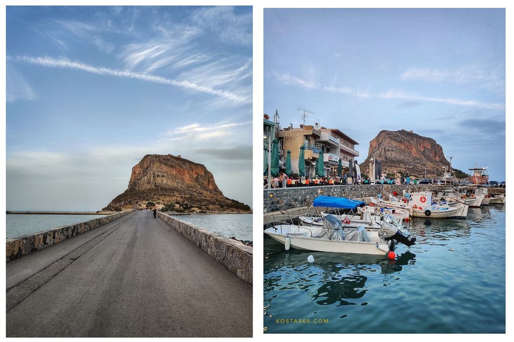 The couseway connecting Gefyra to Monemvasia island (left). The small harbor of Gefyra (right).