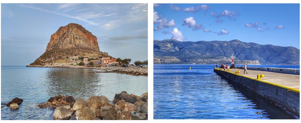 The Lazareto hotel (left) on the island and the jetty close to it (right).