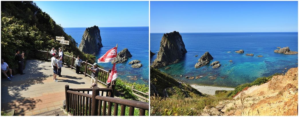 Shakotan Observation Deck (left) and Shimamui coast (right).