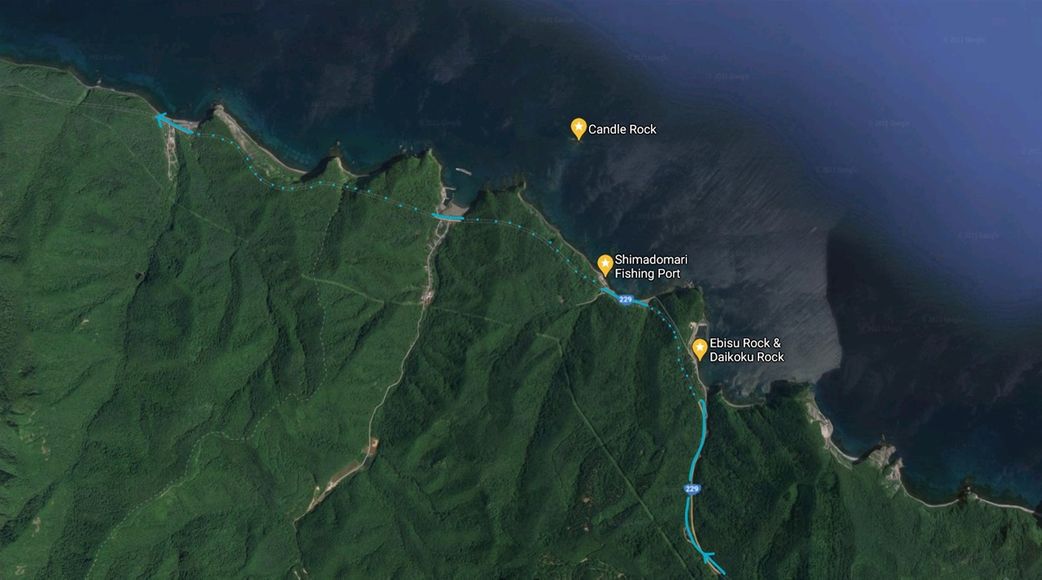Candle rock and Ebisu-Daikoku rocks on the map. At this point, Route 229 goes mostly in tunnels, so be careful not to miss the rocks.