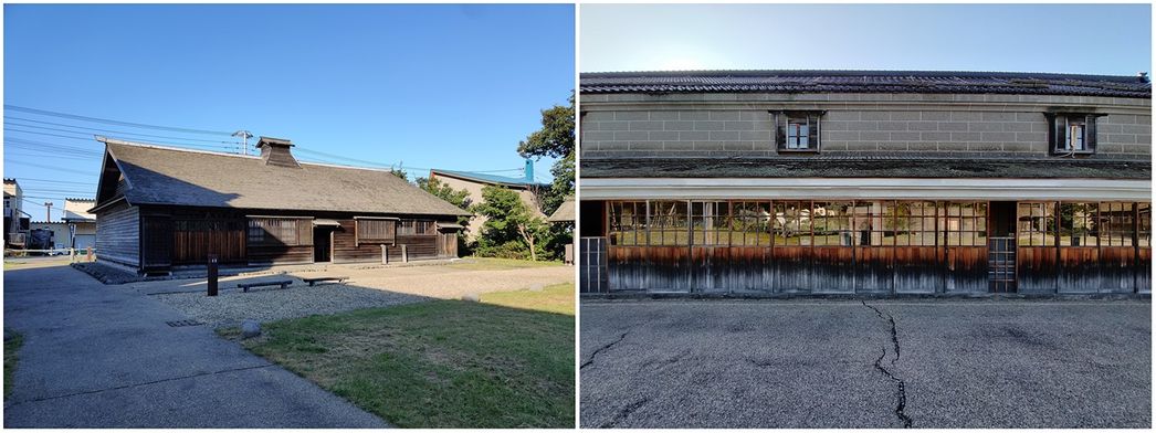 Old Fukuhara Gyoba buildings. The Omoya (left) and the stone building (right).