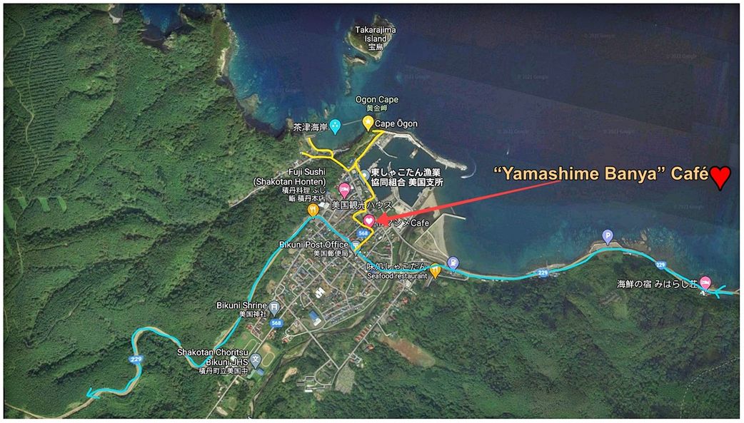 Bikuni and Cape Ogon on the map. Route 229 is marked by blue color. The yellow path shows a recommended walk in the town.