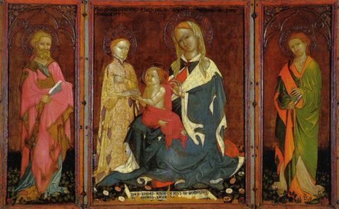 The tryptich of the Mystical marriage of Saint Catherine (Lorenzo Salimbeni, 1400). In the central panel, an aristocratic saint (Catherine was after all a princess, in fact she wears the crown) who is receiving the ring of the mystical marriage from the smiling Child Jesus, in the arms of Mary. Mary looks impassively elsewhere, but her hands are occupied in the affectionate care of the Child, caressing his head and adjusting the edge of the cloth that wraps him on his shoulder. The scene is set in a heavenly garden, with a great variety of roses (Marian flower), depicted with extreme attention to naturalistic detail. But the most interesting part is the swirling play of the lines that weave the drapery, with the strides of the flaps sometimes wide, sometimes nervously curled. Everything is highlighted by the unreal, bright and iridescent colors.  In the side compartments, full-length, the Saints Simon and Judas Taddeo.
