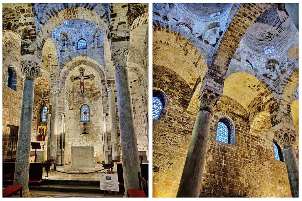 Inside Chiesa San Cataldo. The naked walls are faced by spolia columns with Byzantine-style arcades. The main altar can be seen on the left.