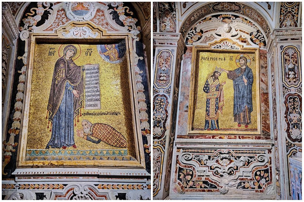 The walls display two mosaics taken from the original Norman façade, depicting King Roger II, George of Antioch's lord, receiving the crown of Sicily from Jesus (right), and, on the northern side of the aisle, George himself, at the feet of the Virgin (left).