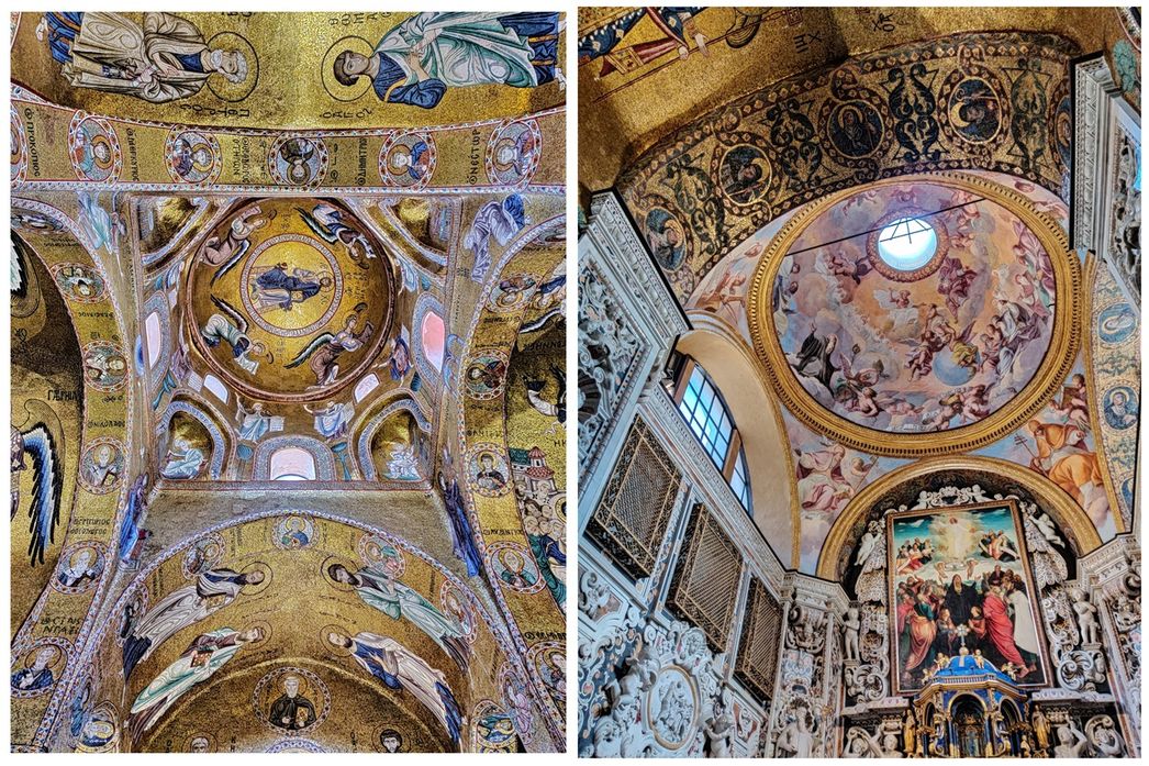 Santa Maria dell'Ammiraglio. The Byzantine dome (left) and the newer baroque dome (right).