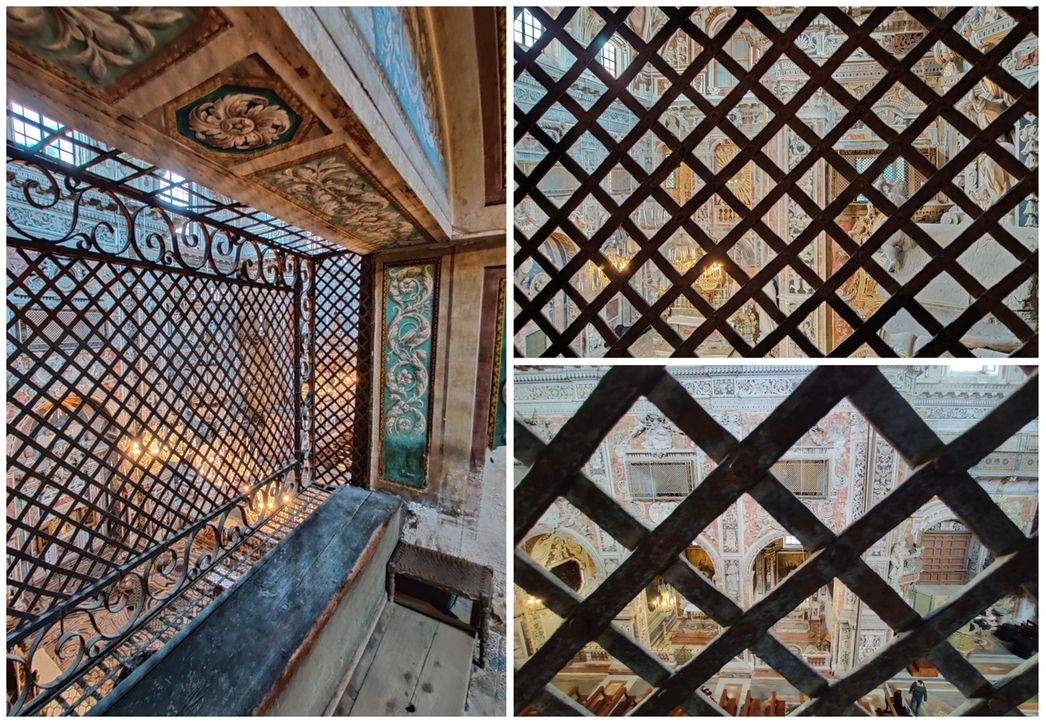 Grates are placed at several monastery rooms, through which the nuns could watch inside the church, without them being seen from people below. That was the only way to “attend” the masses, as they could not get out of their premises.