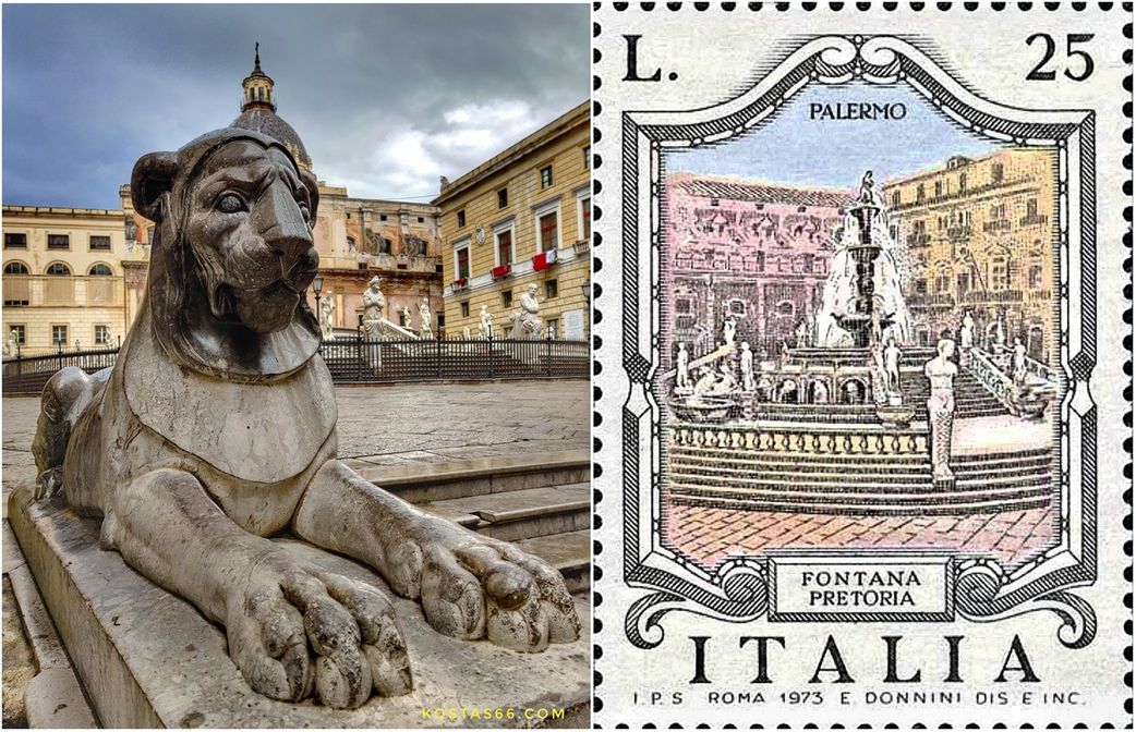 A lion decorating Piazza Pretoria. A 1973 Posta Italiana postal stamp depicting Fontana Pretoria (right).