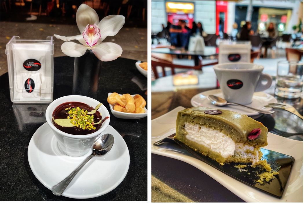 Pistachio is extremely popular in Sicily and is used in confectionery and cooking. Italian hot and thick chocolate (budino) sprinkled with pistachio (left), and white chocolate-pistachio cake at 'Antico Caffe Spinnato' (right).