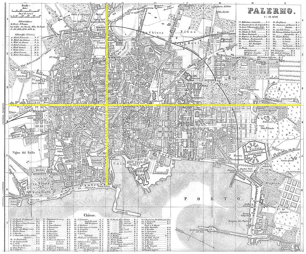 Quatro Canti is the center of the city, as can be cIearly seen in this 1893 map of Palermo.