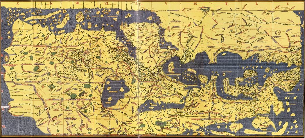 The Tabula Rogeriana, an ancient world map drawn by Muhammad al-Idrisi for Roger II of Sicily in 1154. The north is at the bottom, and so the map appears 