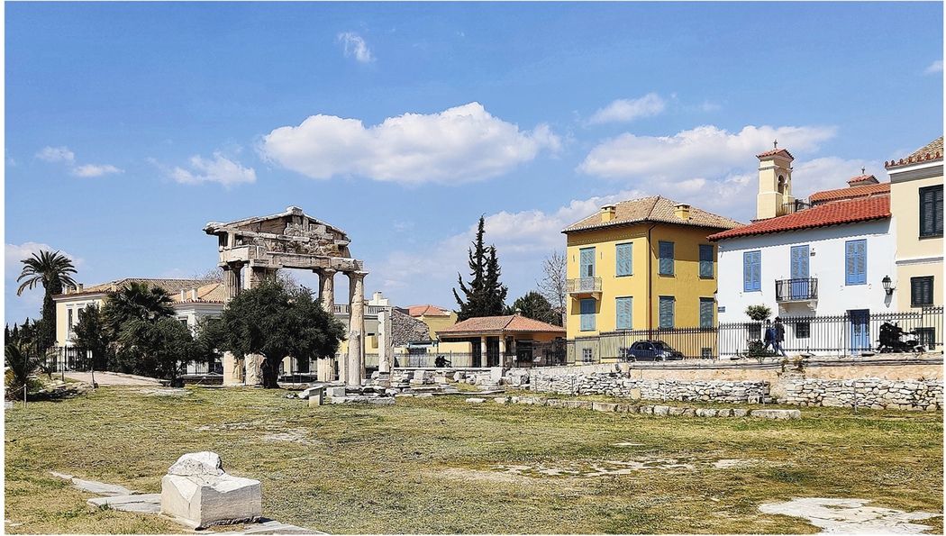 The western part of the Roman Agora archaeological site. The Gate of Athena Archegetis stands almost intact.