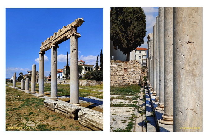 The south colonnade (left) and the east colonnade (right) of the Agora building.